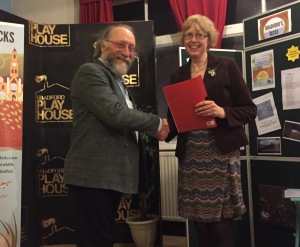 The winner Jane Callaghan being presented with her prize by Colin Fine at Bradford Playhouse.